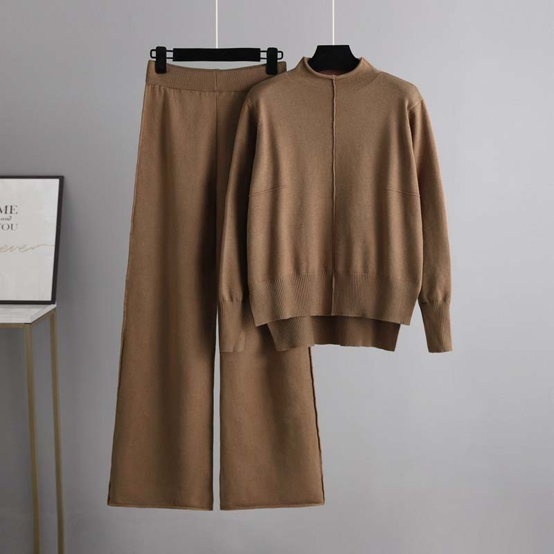 Temperament casual knitted sweater set (one-size-fits-all top + pants khaki)