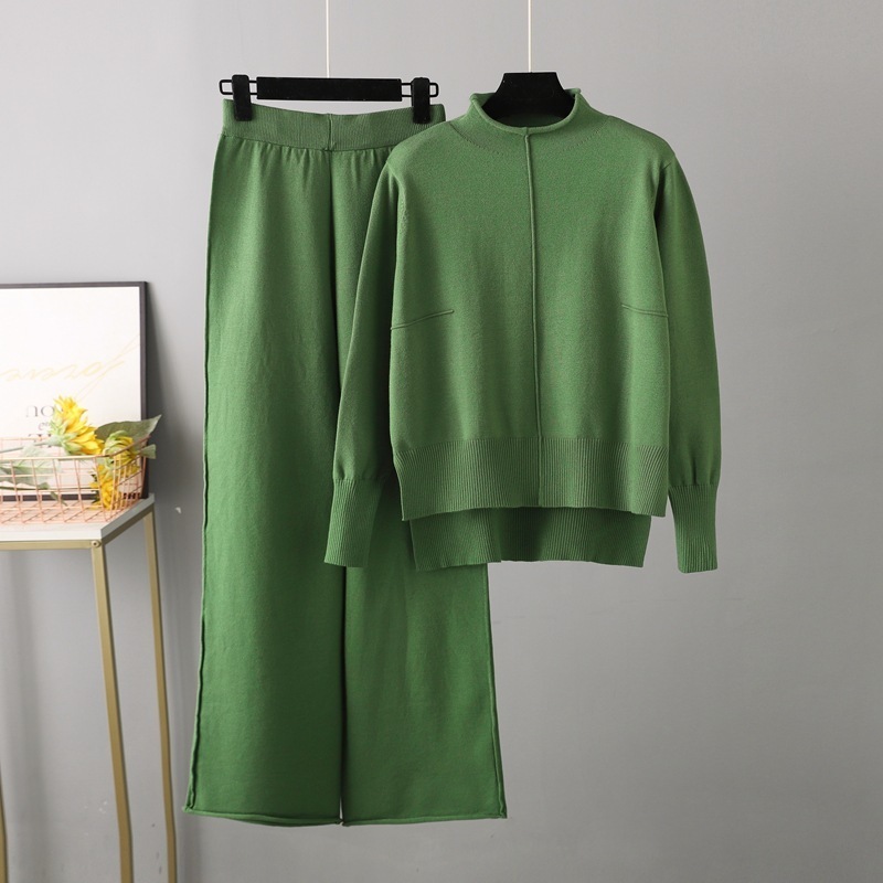 Temperament casual knitted sweater set (one size plus top + pants green)
