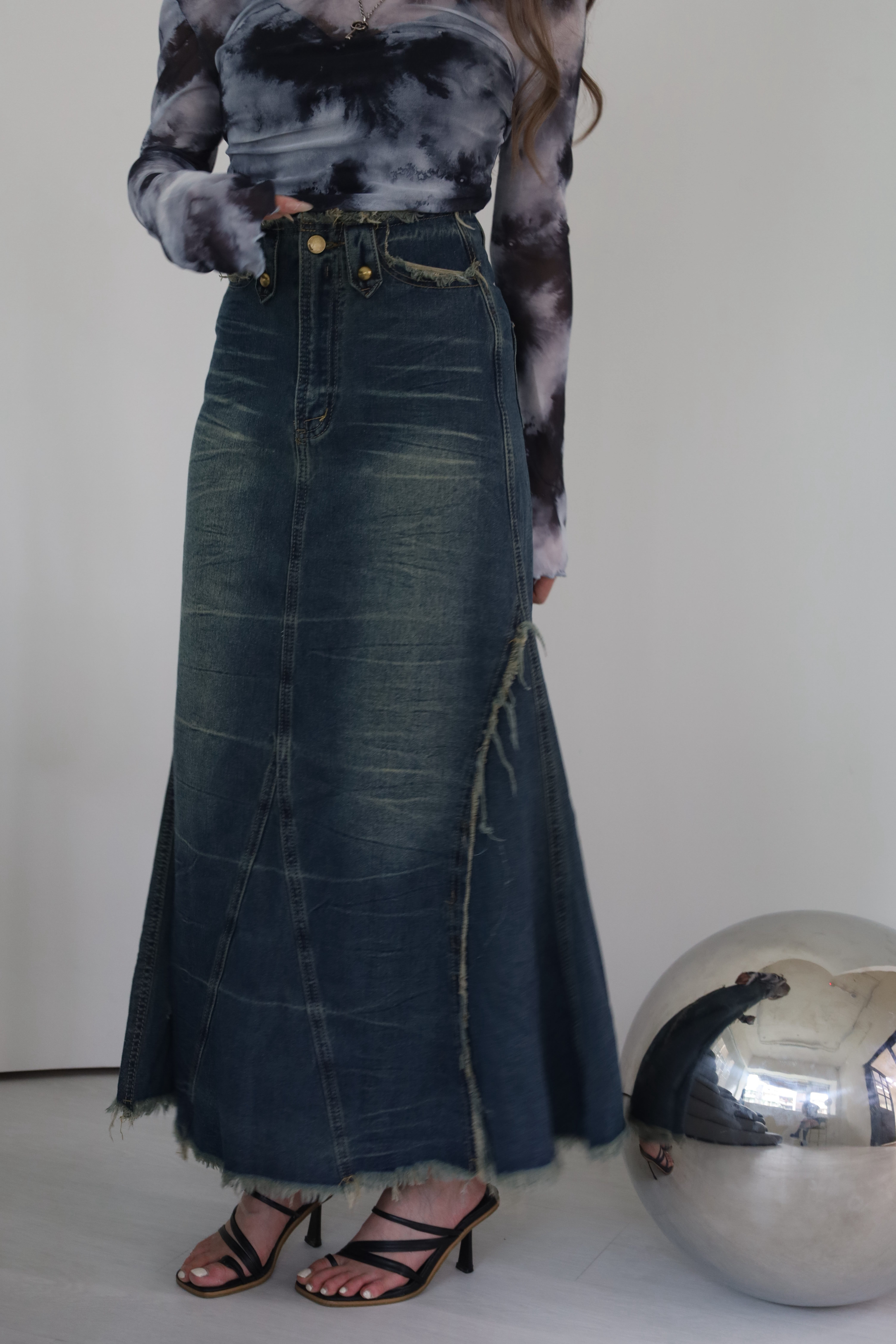 毛邊復古刷色長裙