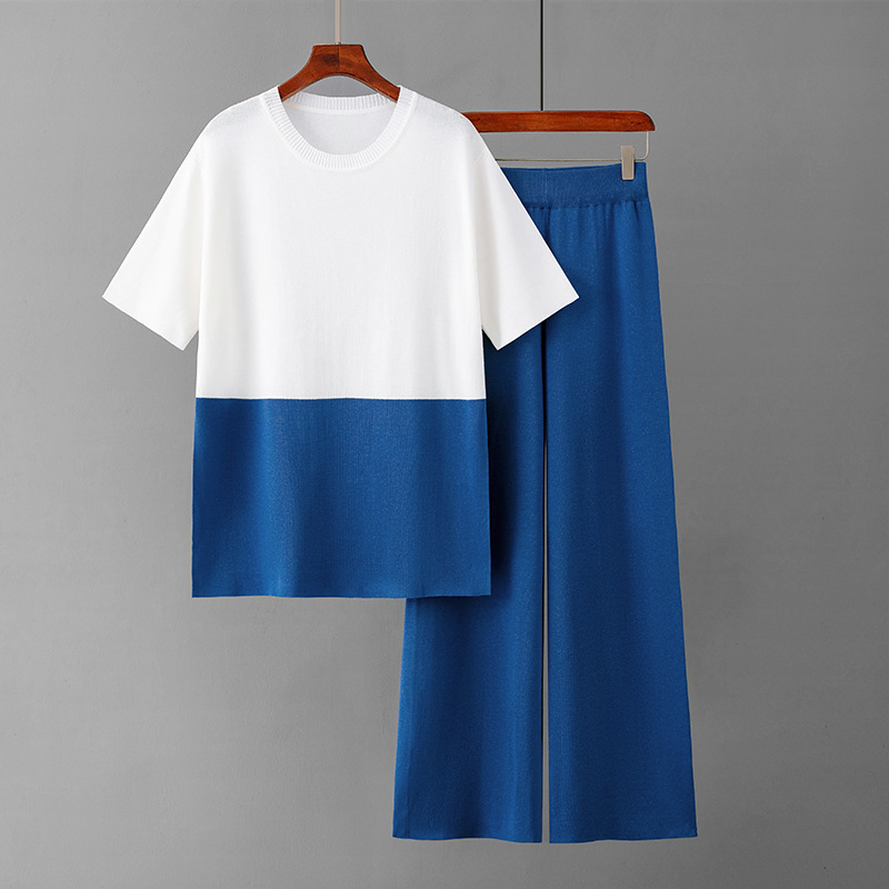 Temperament Casual Knitted Sweater Set (One-size-fits-all Top + Pants Blue)