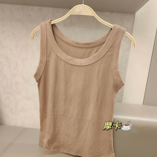 Round neck threaded cotton camisole anti-light vest [Mocha color] [one size 80-130 lbs]