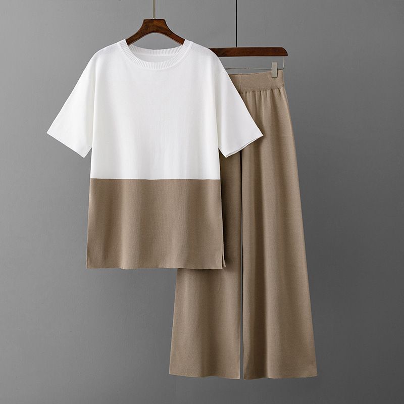 Temperament casual knitted sweater set (one-size-fits-all top + pants khaki)