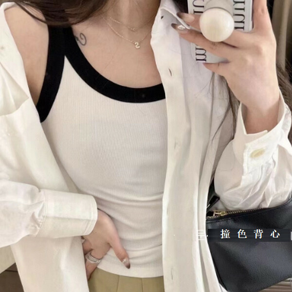 Round neck threaded cotton camisole anti-light vest [black edge with white] [one size 80-130 pounds]
