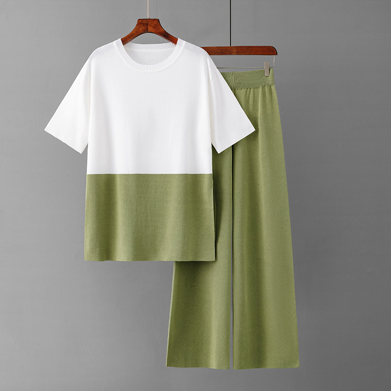 Temperament casual knitted sweater set (one size plus top + pants green)