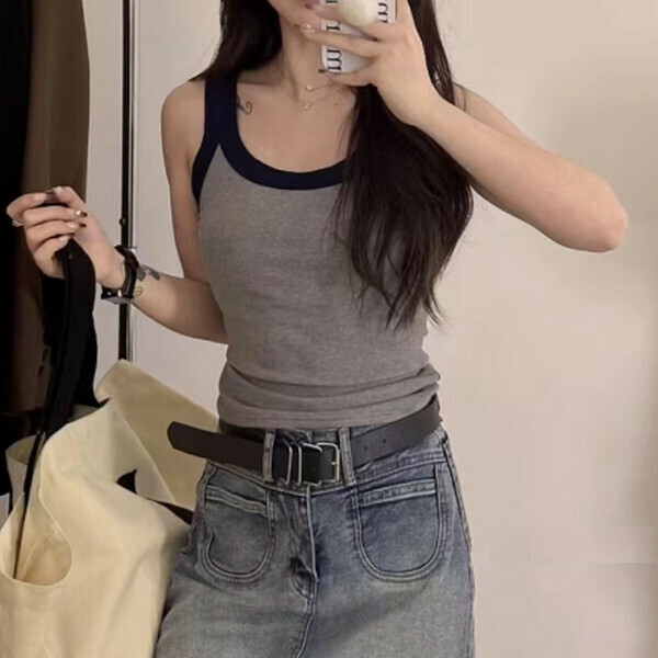 Round neck threaded cotton camisole anti-light vest [black edge with flower gray] [80-130 pounds one size]
