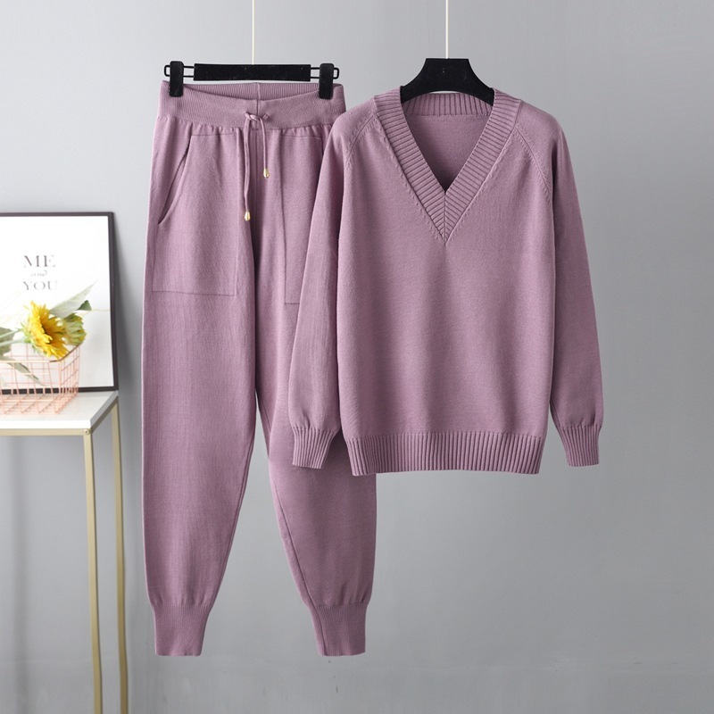Temperament casual knitted sweater set (one size plus top + pants purple)