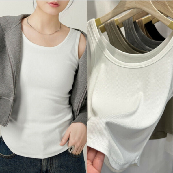 Round neck threaded cotton camisole anti-slip vest [hem arc white] [one size 80-130 lbs]