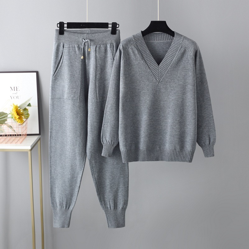 Temperament Casual Knit Sweater Set (One-size-fits-all Top + Pants Grey)