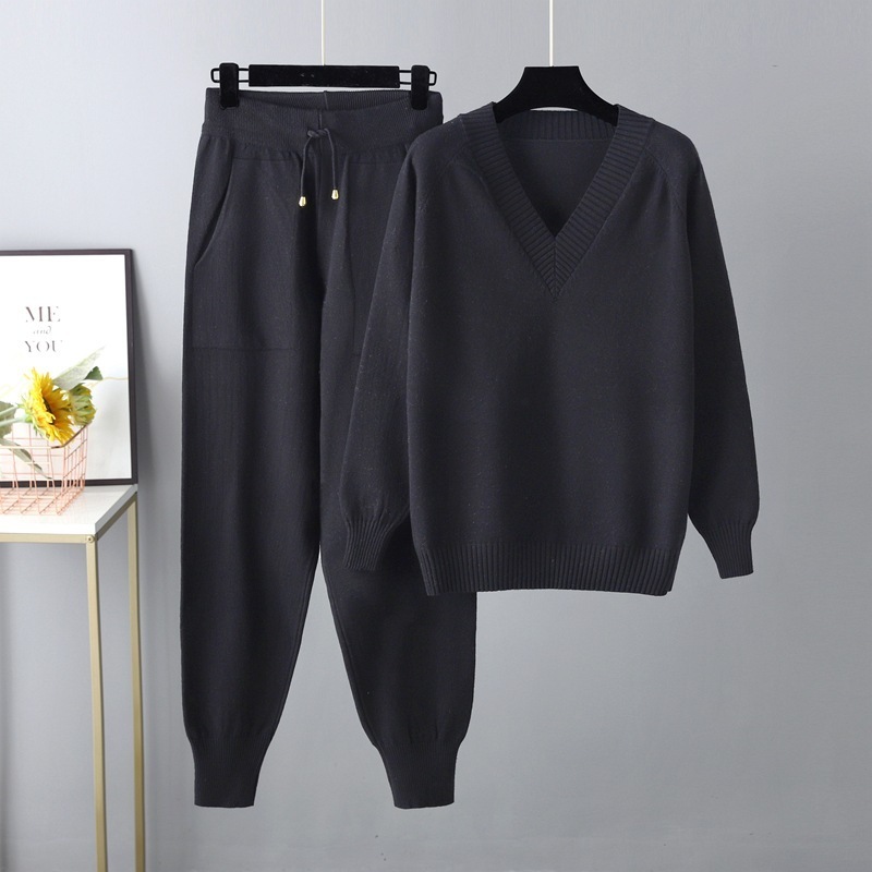 Temperament casual knitted sweater set (one-size-fits-all top + pants black)