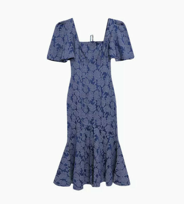 Mermaid Square Neck Floral Dress#Single Piece (Blue) (M-4XL) (Contact customer service to confirm size after placing an order) 