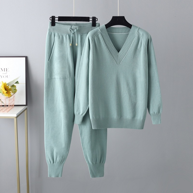 Temperament casual knitted sweater set (one size plus top + pants green)