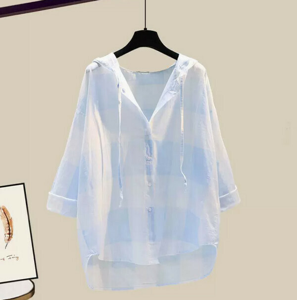 Loose casual hooded sunscreen shirt + lace-up #single piece (blue) (size M-4XL) (contact customer service to confirm size after placing an order) 