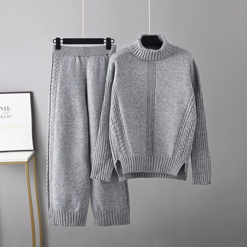 Temperament Casual Knit Sweater Set (One-size-fits-all Top + Pants Grey)