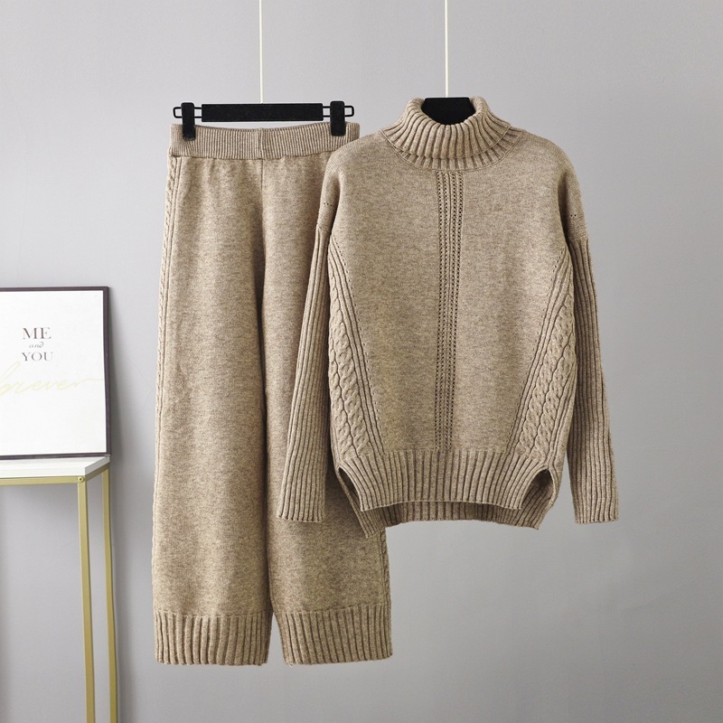Temperament casual knitted sweater set (one-size-fits-all top + pants khaki)