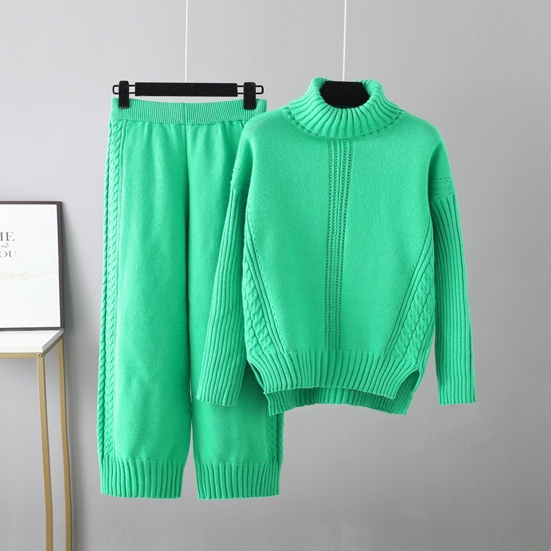 Temperament casual knitted sweater set (one size plus top + pants green)