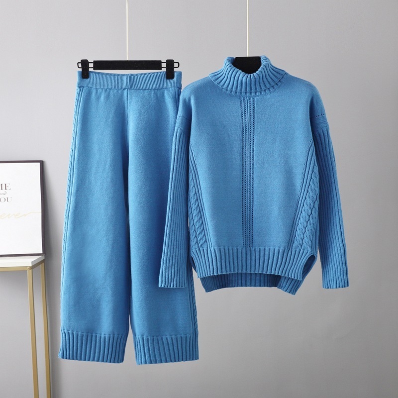 Temperament Casual Knitted Sweater Set (One-size-fits-all Top + Pants Blue)