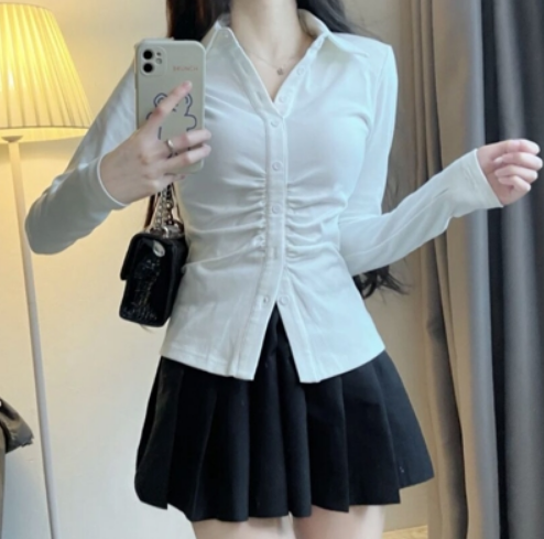 Tight Stretch Slim Long Sleeve Blouse (White) (Size: S-XXL) (Contact Customer Service to confirm the shipping size after placing an order)