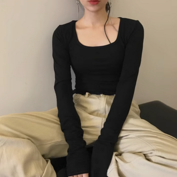French Vintage Top Women's Versatile Cropped Long Sleeve Base Knit (Black) ( Size: One Size)