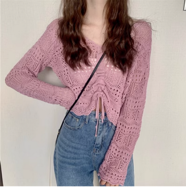 Cut-out V-Neck Long-Sleeved Sweater - Pink (Size: One Size)