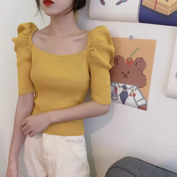 Vintage Square Neck Slim Fit Knit (Ginger) (Size: One Size)