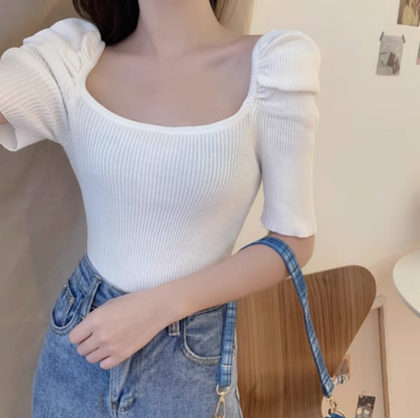 Vintage Square Neck Slim Fit Knit (White) (Size: One Size)