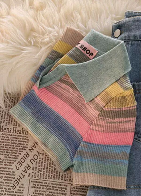 Women's Clothing - Striped Polo Neck T-Shirt Top #Single Piece (Blue) (M-4XL) (Contact customer service to confirm size after placing an order) 