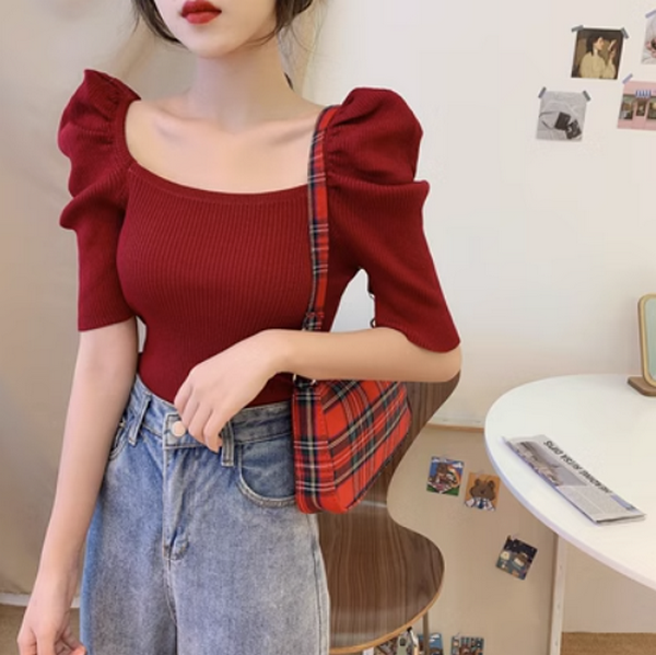 Vintage Square Neck Slim Knit (Burgundy) (Size: One Size)