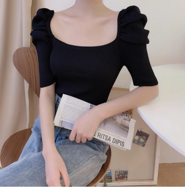 Vintage Square Neck Slim Fit Knit (Black) (Size: One Size)