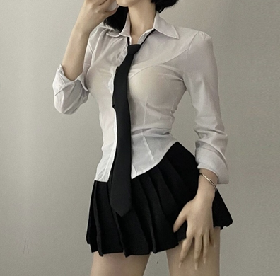 Long-sleeved blouse with slim waist (white) (size: XS-XXL) (contact customer service to confirm the shipping size after placing an order)