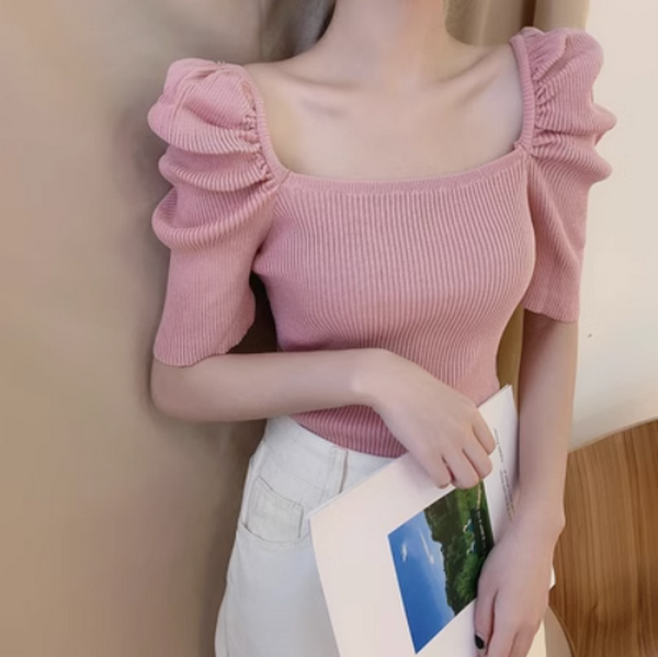 Retro Square Neck Slim Knit (Girly Pink) (Size: One Size)