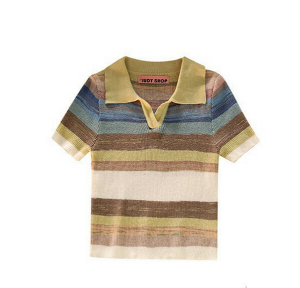 Women's Striped Polo Neck T-Shirt Top#Single Piece (Yellow) (M-4XL) (Contact customer service to confirm size after placing an order) 