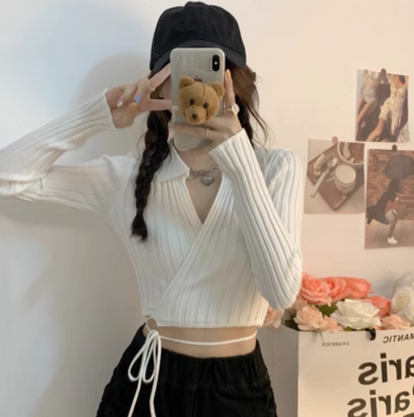 Lace-up Sweater Cardigan - White (Size: One Size)