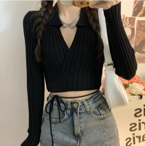 Lace-up Sweater Cardigan (Black) (Size: One Size)