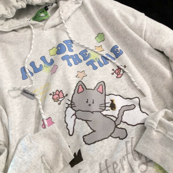 熱賣卡通小貓咪情侶連帽衛衣【淺灰(加厚)】【S-XL碼】(下單後請聯絡客服確認發貨尺碼)