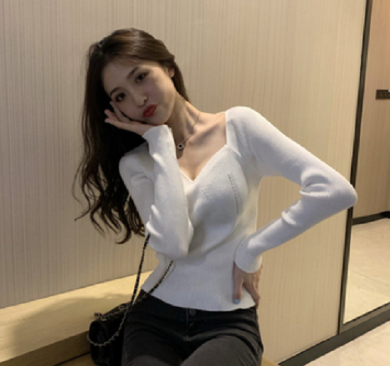 Collarbone Top Women's Retro Small Sexy Low Cut Square Neck Slim Knit (White Size: S-L (Contact customer service to confirm the shipping size after placing an order))