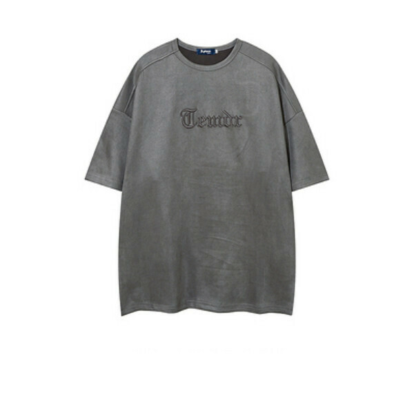 Alphabet embroidered suede short sleeve T (gray) [S-4XL size] [Contact customer service to confirm the shipping size after placing an order]