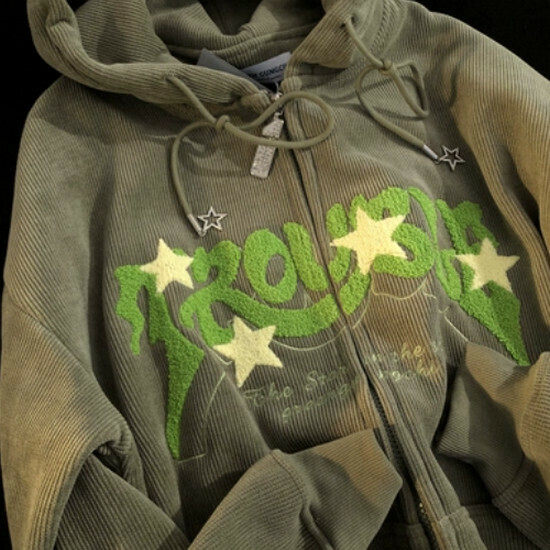 熱賣燈芯絨厚款刺繡連帽衛衣【綠色】【S-XL碼】(下單後請聯絡客服確認發貨尺碼)