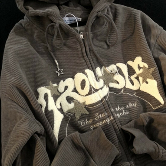熱賣燈芯絨厚款刺繡連帽衛衣【灰色】【S-XL碼】(下單後請聯絡客服確認發貨尺碼)