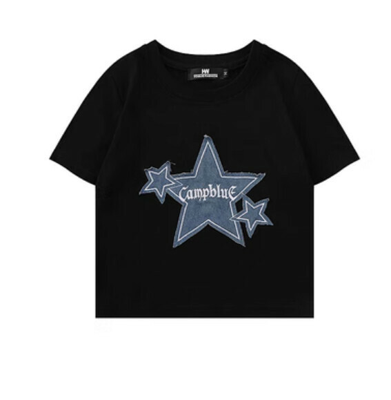 Retro Star Patch Short T (Black) [S-M Size] [Contact Customer Service to Confirm Shipping Size After Placing an Order]