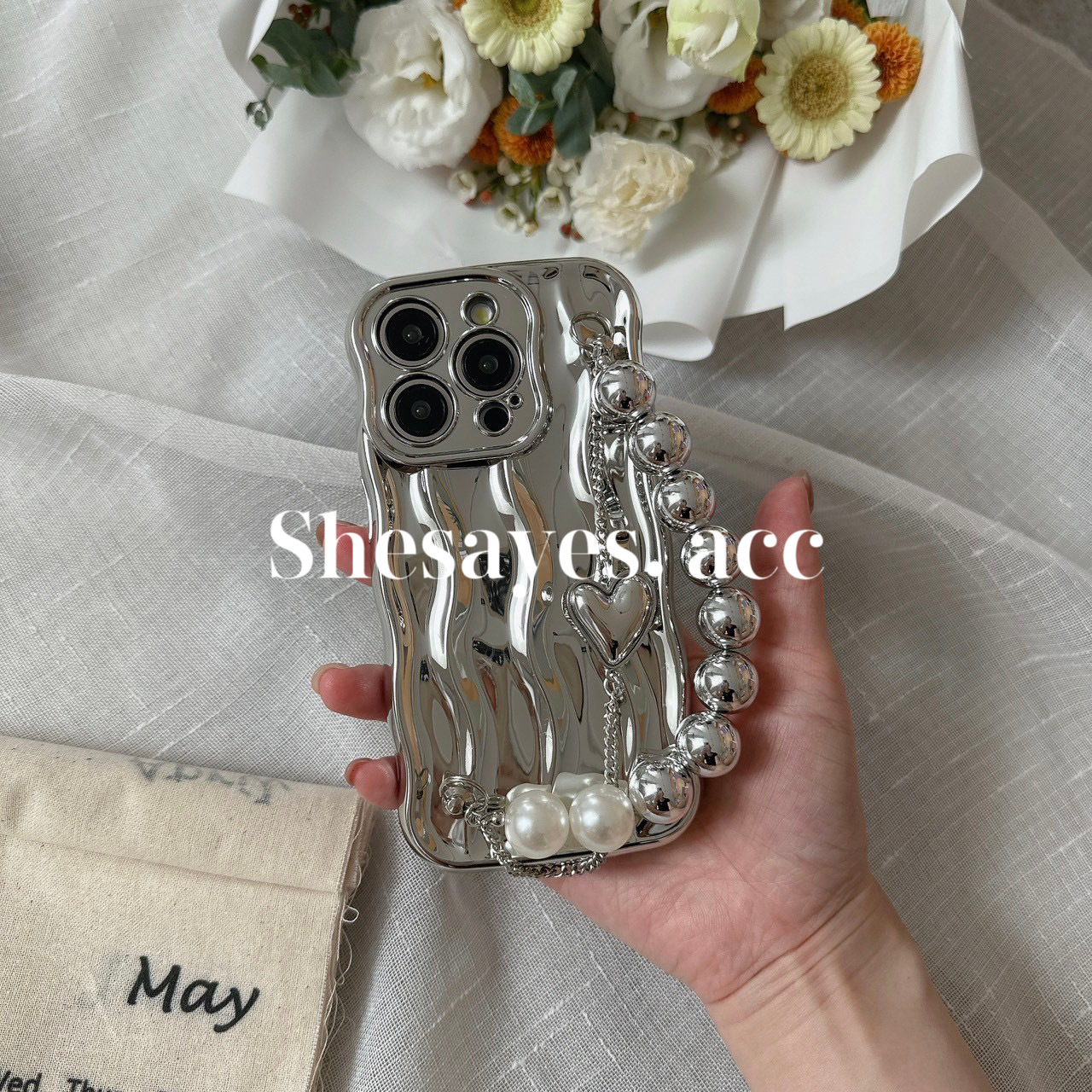 IPHONE 銀色珠子掛繩手機殼