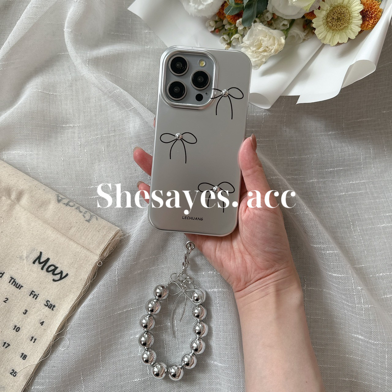 IPHONE 蝴蝶結珍珠掛繩手機殼