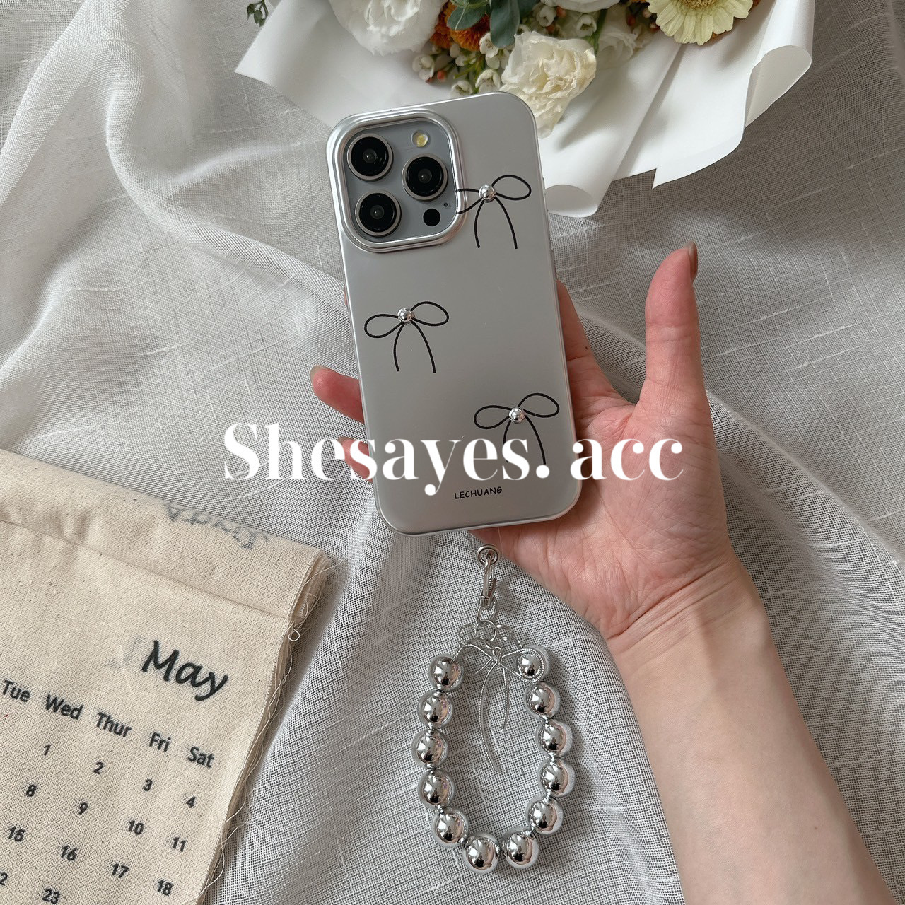 IPHONE 蝴蝶結珍珠掛繩手機殼