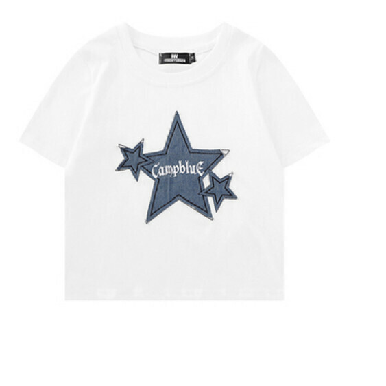 Retro Star Patch Short T (White) [S-M Size] [Contact Customer Service to Confirm Shipping Size after Placing an Order]