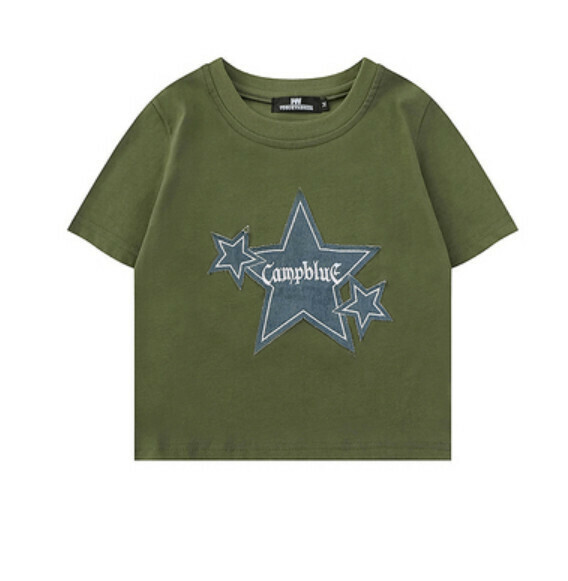 Retro Star Patch Short T (Green) [S-M Size] [Contact Customer Service to Confirm Shipping Size after Placing an Order]