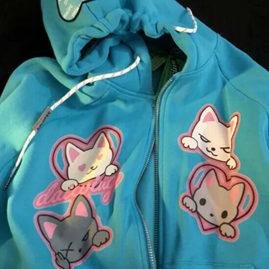 熱賣貓咪情侶拉鏈連帽衛衣【湖藍】【S-XL碼】(下單後請聯絡客服確認發貨尺碼)