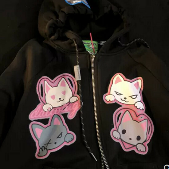 熱賣貓咪情侶拉鏈連帽衛衣【黑色】【S-XL碼】(下單後請聯絡客服確認發貨尺碼)