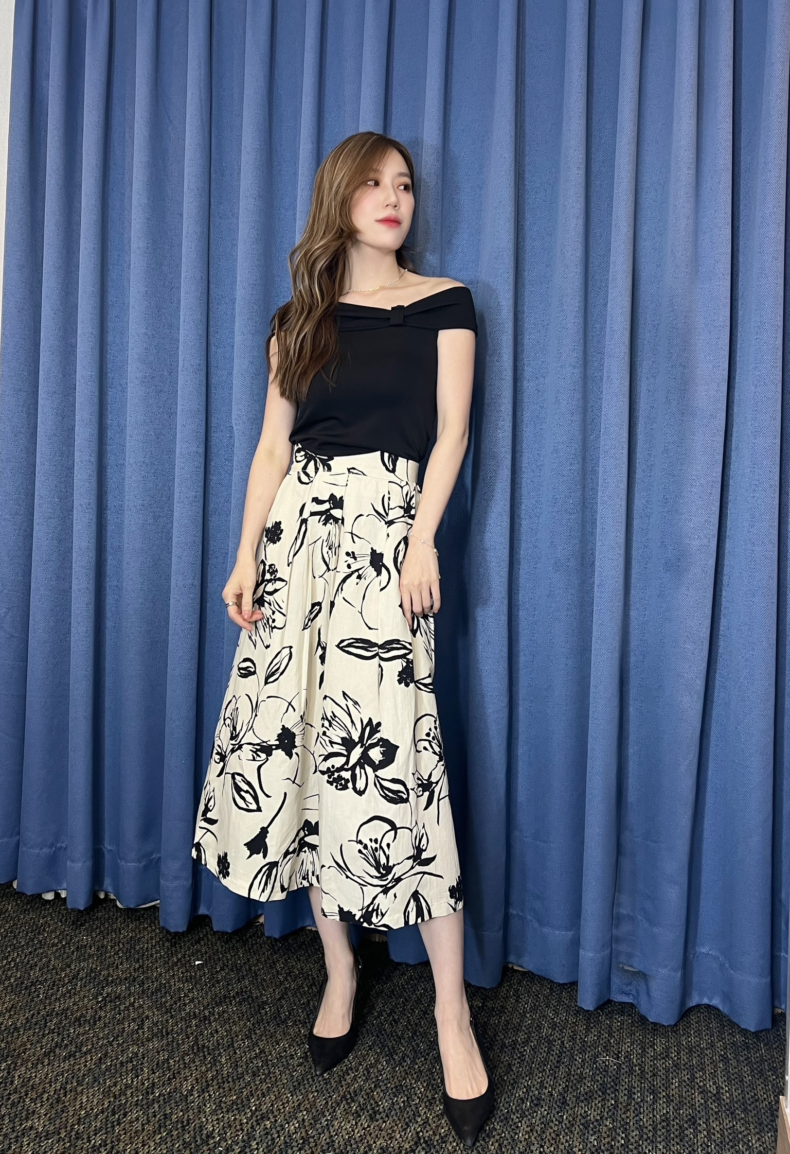 蝴蝶結一字領棉上衣