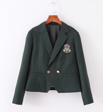 熱賣短款徽章長袖西服女外套(墨綠色)(尺碼:S-XL)(下單後聯絡客服確認發貨尺碼)