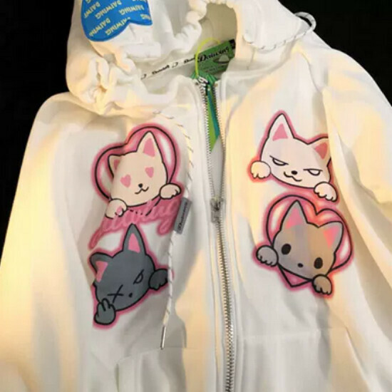 熱賣貓咪情侶拉鏈連帽衛衣【白色】【S-XL碼】(下單後請聯絡客服確認發貨尺碼)