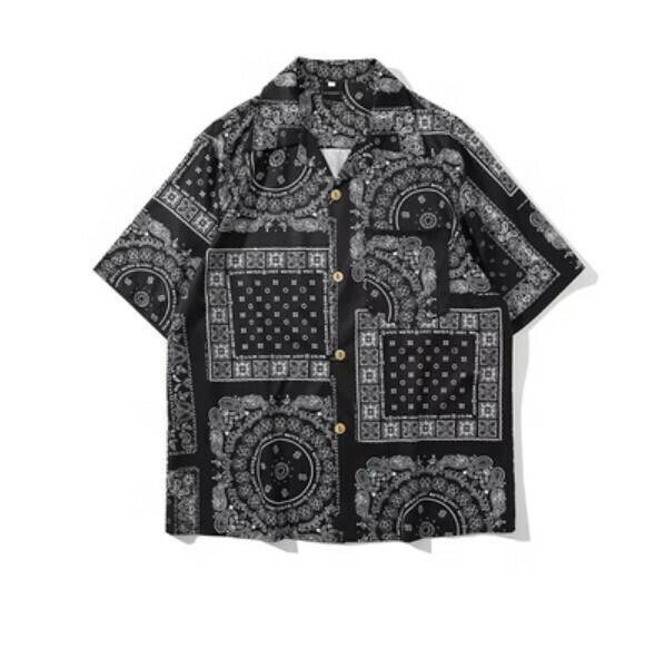 Retro cashew flower all-over short-sleeved shirt (black) [M-2XL size] [Contact customer service to confirm the shipping size after placing an order]